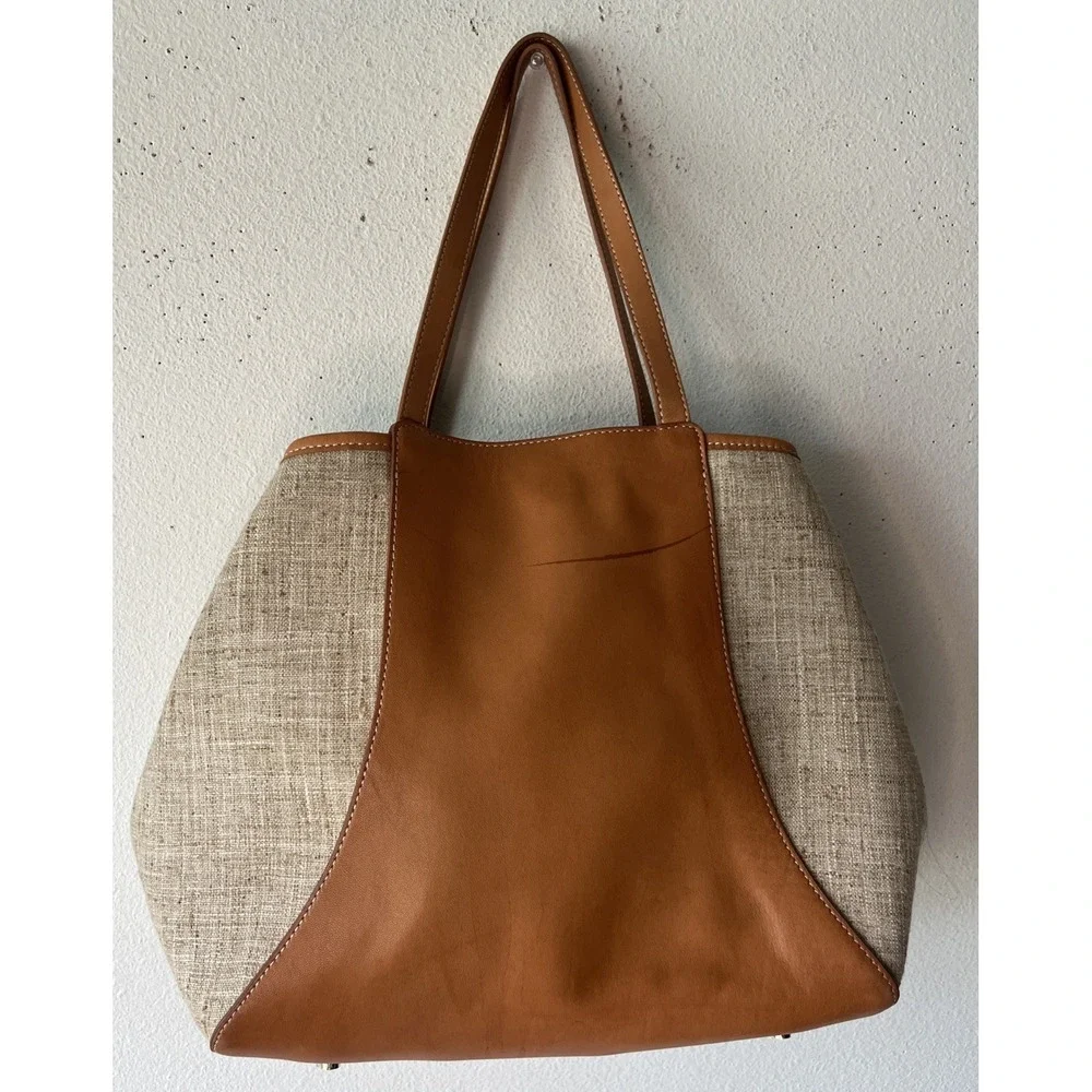 J. McLaughlin Tan Leather and Beige Canvas Hobo Bag